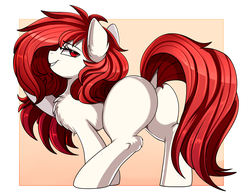 Size: 3300x2550 | Tagged: safe, artist:pridark, oc, oc only, oc:misstar, pony, unicorn, bedroom eyes, butt, disguise, dock, female, high res, looking at you, looking back, looking back at you, mare, patreon, patreon reward, plot, red eyes, red hair, red mane, red tail, simple background, solo