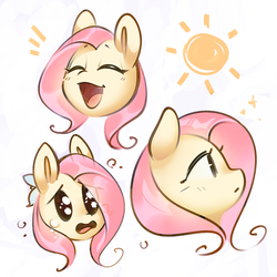 Size: 1402x1402 | Tagged: safe, artist:mirroredsea, fluttershy, pegasus, pony, g4, cute, eyes closed, female, flower, flower in hair, head only, mare, open mouth, profile, shyabetes, simple background, solo, sun, white background