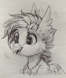Size: 2160x2537 | Tagged: safe, artist:trickate, oc, oc only, hippogriff, blushing, bust, high res, jewelry, monochrome, necklace, portrait, solo, surprised, traditional art