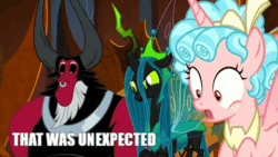 Size: 480x270 | Tagged: safe, edit, edited screencap, screencap, cozy glow, lord tirek, queen chrysalis, alicorn, changeling, changeling queen, pony, g4, the ending of the end, animated, caption, female, gif, image macro, text