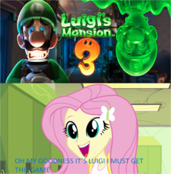 Size: 1219x1238 | Tagged: safe, artist:daniotheman, fluttershy, human, equestria girls, g4, my little pony equestria girls, barely eqg related, comparison, crossover, gooigi, luigi, luigi's mansion, luigi's mansion 3, luigishy, nintendo, poltergust g-00, reaction, super mario bros.
