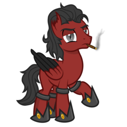Size: 2000x2000 | Tagged: safe, artist:pizzamovies, oc, oc only, oc:demonic hooves, pony, cigar, high res, male, red and black oc, show accurate, simple background, smoking, solo, stallion, torn ear, transparent background