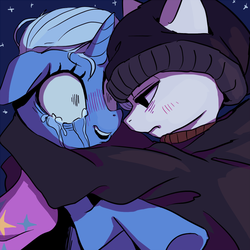 Size: 800x800 | Tagged: artist needed, safe, trixie, oc, oc:anon, earth pony, pony, unicorn, g4, 4chan, beanie, blushing, cape, clothes, crying, doomer, female, hat, hoodie, hug, male, mare, open mouth, shocked, stallion, trixie's cape