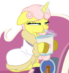 Size: 1024x1080 | Tagged: safe, artist:tears2shed, oc, oc only, oc:cream puff, pony, unicorn, base used, bathrobe, clothes, comfort eating, eating, female, mare, robe, simple background, solo, transparent background