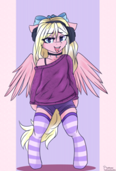 Size: 3000x4400 | Tagged: safe, artist:lakunae, oc, oc only, oc:bay breeze, pegasus, semi-anthro, arm hooves, bipedal, bow, choker, clothes, cute, female, hair bow, looking at you, mare, ocbetes, pegasus oc, shorts, simple background, smiling, socks, solo, striped socks, sweater