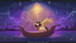 Size: 1200x682 | Tagged: safe, artist:mahsira, oc, oc only, pegasus, pony, aurora borealis, boat, goggles, lighthouse, night, shooting star, solo, starry eyes, stars, water, wingding eyes