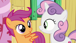 Size: 1280x720 | Tagged: safe, screencap, scootaloo, sweetie belle, pegasus, pony, unicorn, g4, the last crusade, clubhouse, crusaders clubhouse, cute, cutealoo, diasweetes, female, filly, foal, horn, looking at each other, looking at someone, smiling, spread wings, the cmc's cutie marks, wings