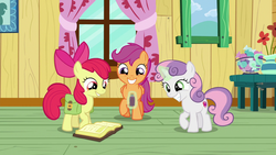 Size: 1280x720 | Tagged: safe, screencap, apple bloom, scootaloo, sweetie belle, earth pony, pony, g4, the last crusade, book, clubhouse, crusaders clubhouse, cutie mark crusaders