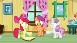 Size: 1920x1080 | Tagged: safe, screencap, apple bloom, scootaloo, sweetie belle, pony, g4, the last crusade, book, clubhouse, crusaders clubhouse, cutie mark crusaders