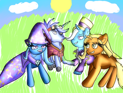 Size: 675x512 | Tagged: safe, artist:crystalsnowolf, hoo'far, jack pot, sunflower spectacle, trixie, pony, g4, female, male, ship:jacktacle, shipping, straight, trixfar