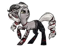 Size: 1791x1377 | Tagged: safe, artist:katieunicorn, pony, dragon age, female, horns, mare, ponified, qunari, raised hoof, simple background, solo, white background