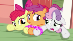 Size: 1920x1080 | Tagged: safe, screencap, apple bloom, scootaloo, sweetie belle, pony, g4, the last crusade, bound together, clubhouse, crusaders clubhouse, cutie mark crusaders, rope