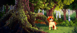 Size: 2000x857 | Tagged: safe, artist:thefloatingtree, oc, oc only, oc:sprocket, pony, unicorn, horse game, commission, forest, grass, nature, scenery, solo, tree