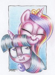 Size: 872x1191 | Tagged: safe, artist:deathcutlet, princess cadance, twilight sparkle, alicorn, pony, g4, biting, blushing, cute, ear bite, eyes closed, grin, horses doing horse things, lip bite, looking up, nom, smiling, traditional art, twilight sparkle (alicorn)