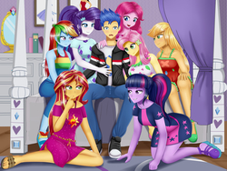 Size: 2660x2000 | Tagged: safe, artist:focusb, applejack, flash sentry, fluttershy, pinkie pie, rainbow dash, rarity, sci-twi, sunset shimmer, twilight sparkle, equestria girls, equestria girls series, spoiler:eqg series (season 2), blushing, breasts, busty fluttershy, female, finger in mouth, finger sucking, flash sentry gets all the mares, flash sentry gets all the waifus, flashdash, flashimmer, flashjack, flashlight, flutterflash, harem, humane five, humane seven, humane six, imminent orgy, imminent sex, lidded eyes, lucky bastard, male, missing accessory, no glasses, pinkiesentry, rarity's bedroom, sciflash, sentrity, shipping, straight