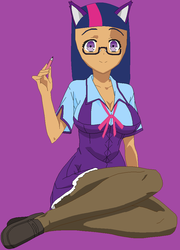 Size: 702x975 | Tagged: safe, artist:sturk-fontaine, oc, oc only, oc:tara sparks, human, cat ears, catgirl, clothes, glasses, mlp wannabes, moderate dark skin, not twilight sparkle, purple background, school uniform, simple background, solo