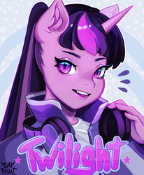 Size: 1689x2048 | Tagged: safe, artist:onifruit, twilight sparkle, unicorn, anthro, g4, clothes, female, headphones, looking at you, solo, unicorn twilight, ych result