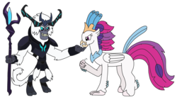 Size: 3264x1836 | Tagged: safe, artist:supahdonarudo, queen novo, storm king, classical hippogriff, hippogriff, yeti, series:novoember, g4, my little pony: the movie, adorabolical, angry, clenched fist, cute, gritted teeth, hand on chin, madorable, novobetes, raised fist, shaking fist, showdown, simple background, staff, staff of sacanas, stormabetes, taunting, this will end in pain and/or death, transparent background