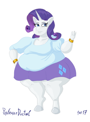 Size: 800x1083 | Tagged: safe, artist:professordoctorc, rarity, anthro, unguligrade anthro, series:r is for rarity, bbw, clothes, cutie mark on clothes, equestria girls outfit, fat, female, obese, raritubby, shirt, skirt, solo, thighs, thunder thighs