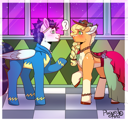 Size: 2101x2000 | Tagged: safe, artist:plagued-arts, applejack, soarin', earth pony, pegasus, pony, g4, clothes, dress, eye contact, female, gala dress, goggles, high res, looking at each other, male, mare, raised hoof, ship:soarinjack, shipping, stallion, straight, uniform, wonderbolts uniform