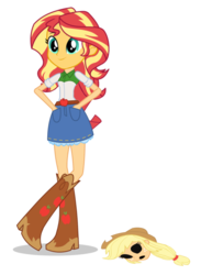 Size: 1290x1758 | Tagged: safe, edit, applejack, sunset shimmer, equestria girls, g4, applejack suit, applejack's hat, belt, bodysuit, boots, clothes, clothes swap, cowboy boots, cowboy hat, cutie mark accessory, cutie mark on clothes, disguise, eye holes, grin, hand in pocket, hat, mask, mask on ground, masking, mouth hole, shirt, shoes, simple background, smiling, stetson, swap, transparent background