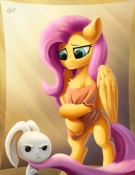 Size: 2114x2724 | Tagged: safe, artist:foxpit, angel bunny, fluttershy, g4, angry face, bipedal, chest fluff, clothes, cute, duo, featureless crotch, female, high res, mare, shirt, shyabetes, smiling
