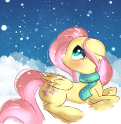 Size: 1515x1549 | Tagged: safe, artist:autumnvoyage, fluttershy, pegasus, pony, g4, blushing, clothes, cute, cutie mark, female, floppy ears, looking back, mare, scarf, shyabetes, snow, solo