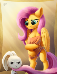 Size: 2114x2724 | Tagged: safe, alternate version, artist:foxpit, angel bunny, fluttershy, pegasus, pony, rabbit, g4, angry face, animal, bipedal, chest fluff, clothes, duo, female, high res, mare, panties, purple underwear, shirt, smiling, underwear