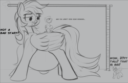 Size: 1235x802 | Tagged: safe, artist:cosmonaut, rumble, scootaloo, twilight sparkle, alicorn, pegasus, pony, g4, female, growth, huge belly, hyper, hyper pregnancy, macro, male, mare, monochrome, older, outie belly button, pregnant, pregnant scootaloo, ship:rumbloo, shipping, straight, twilight sparkle (alicorn)