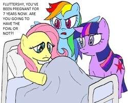 Size: 391x314 | Tagged: safe, artist:terry, edit, fluttershy, rainbow dash, twilight sparkle, pegasus, pony, unicorn, g4, alternate universe, bed, family guy, female, frown, hospital bed, jerkass has a point, lampshade hanging, male, mare, overdue, permapregnant, preggoshy, pregnant, rainbow douche, simple background, trio, unicorn twilight, white background