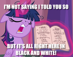 Size: 940x741 | Tagged: safe, edit, edited screencap, screencap, twilight sparkle, alicorn, pony, a trivial pursuit, g4, book, bragging, caption, cropped, female, glowing horn, horn, image macro, impact font, messy mane, snobby, solo, text, twilight sparkle (alicorn)