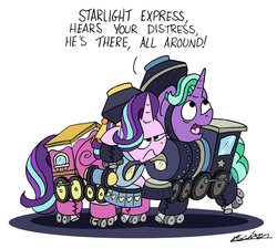 Size: 1966x1769 | Tagged: safe, artist:bobthedalek, firelight, starlight glimmer, pony, unicorn, g4, clothes, costume, father and daughter, fathers gonna father, female, male, mare, musical, roller skates, simple background, singing, stallion, starlight express, starlight glimmer is not amused, train, unamused, white background
