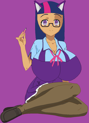 Size: 699x973 | Tagged: safe, artist:sturk-fontaine, oc, oc only, oc:tara sparks, human, 1000 hours in ms paint, big breasts, breast expansion, breasts, cat ears, catgirl, clothes, female, glasses, growth, huge breasts, humanized, mlp wannabes, not twilight sparkle, purple background, school uniform, simple background, solo