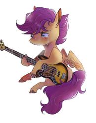 Size: 700x900 | Tagged: safe, artist:creatiivetrash, scootaloo, pegasus, pony, g4, bass guitar, commission, crying, female, guitar, musical instrument, scootabass, simple background, solo, white background