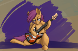 Size: 842x551 | Tagged: safe, artist:theslendid, scootaloo, pegasus, pony, g4, bass guitar, female, filly, guitar, musical instrument, scootabass, sitting, solo