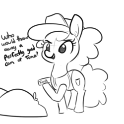 Size: 885x884 | Tagged: safe, artist:tjpones, oc, oc only, oc:garbage mare, pony, black and white, clothes, female, grayscale, lineart, mare, monochrome, solo, trash bag, vest