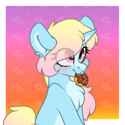 Size: 4000x4000 | Tagged: safe, artist:spoopygander, oc, oc:dotty donut, pony, unicorn, biting, blaze (coat marking), blushing, chest fluff, coat markings, crack ship offspring, cute, donut, ear fluff, facial markings, female, filly, food, horn, looking up, markings, multicolored hair, offspring, pale belly, smiling, solo