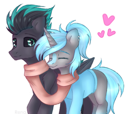 Size: 1375x1243 | Tagged: safe, artist:renalalka, oc, oc:570rm, oc:rion, pegasus, pony, unicorn, birthmark, clothed ponies, clothes, cute, duo, ear piercing, earring, heart, jewelry, piercing, ponytail, scarf, sweater