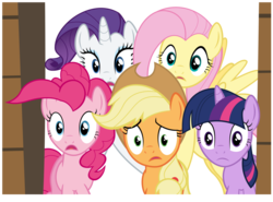 Size: 1280x946 | Tagged: artist needed, safe, applejack, fluttershy, pinkie pie, rarity, twilight sparkle, earth pony, pegasus, pony, unicorn, g4, over a barrel, blank expression, female, mare, shocked, shocked expression, simple background, transparent background, unicorn twilight, vector, worried