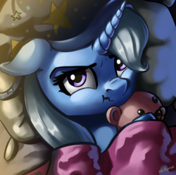 Size: 2767x2749 | Tagged: safe, artist:nookprint, trixie, pony, unicorn, g4, bed, blanket, bust, cute, diatrixes, female, floppy ears, hat, high res, mare, pillow, portrait, scrunchy face, solo, teddy bear