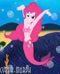 Size: 1709x2105 | Tagged: safe, artist:cyber-murph, pinkie pie, mermaid, starfish, equestria girls, g4, armpits, arms in the air, belly, belly button, coral, cute, flowing hair, mermaidized, midriff, rock, smiling, species swap, starfish bikini, underwater