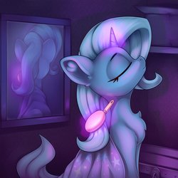 Size: 3000x3000 | Tagged: safe, artist:anti1mozg, trixie, pony, unicorn, g4, brush, cape, chest fluff, clothes, cute, diatrixes, ear fluff, eyes closed, female, high res, levitation, magic, magic aura, mare, mirror, profile, solo, telekinesis, trixie's cape