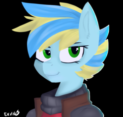 Size: 853x813 | Tagged: safe, artist:exvius, oc, oc:bumpstock, pegasus, anthro, black background, clothes, coat, green eyes, simple background, solo, space pirate