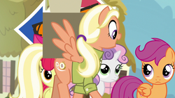 Size: 1280x720 | Tagged: safe, screencap, apple bloom, mane allgood, scootaloo, sweetie belle, pony, g4, the last crusade, cutie mark crusaders