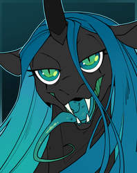 Size: 1264x1600 | Tagged: safe, artist:chrysyum, queen chrysalis, changeling, changeling queen, g4, bedroom eyes, fangs, female, long tongue, open mouth, quadrupedal, solo, tongue out