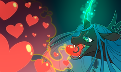 Size: 2000x1200 | Tagged: safe, artist:chrysyum, queen chrysalis, changeling, changeling queen, g4, changeling feeding, crown, fangs, female, heart, jewelry, love, quadrupedal, regalia, solo, tongue out