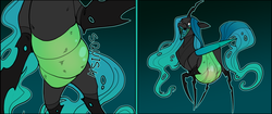 Size: 3807x1600 | Tagged: safe, artist:chrysyum, fluttershy, queen chrysalis, changeling, changeling queen, pegasus, pony, g4, belly, changelings eating ponies, chrysalispred, comic, female, fetish, flutterprey, licking, licking lips, mare, open mouth, quadrupedal, tongue out, vore