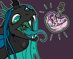 Size: 1000x800 | Tagged: safe, artist:chrysyum, princess cadance, queen chrysalis, alicorn, changeling, changeling queen, pony, g4, bottle, chrysalispred, fangs, female, fetish, imminent vore, open mouth, preydance, quadrupedal, shrunk, swallowing, throat bulge, tongue out, uvula