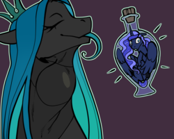 Size: 1000x800 | Tagged: safe, artist:chrysyum, princess luna, queen chrysalis, alicorn, changeling, changeling queen, pony, g4, bottle, chrysalispred, female, fetish, imminent vore, lunaprey, pony in a bottle, quadrupedal, shrunk, swallowing, throat bulge, tongue out