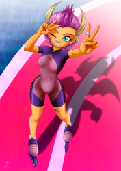 Size: 1522x2152 | Tagged: safe, alternate version, artist:mauroz, smolder, equestria girls, g4, anime style, bandaid, bandaid on nose, cameltoe, clothes, cute, equestria girls-ified, female, one eye closed, rollerblades, shorts, silhouette, smiling, smolderbetes, solo, track, tracksuit, wink